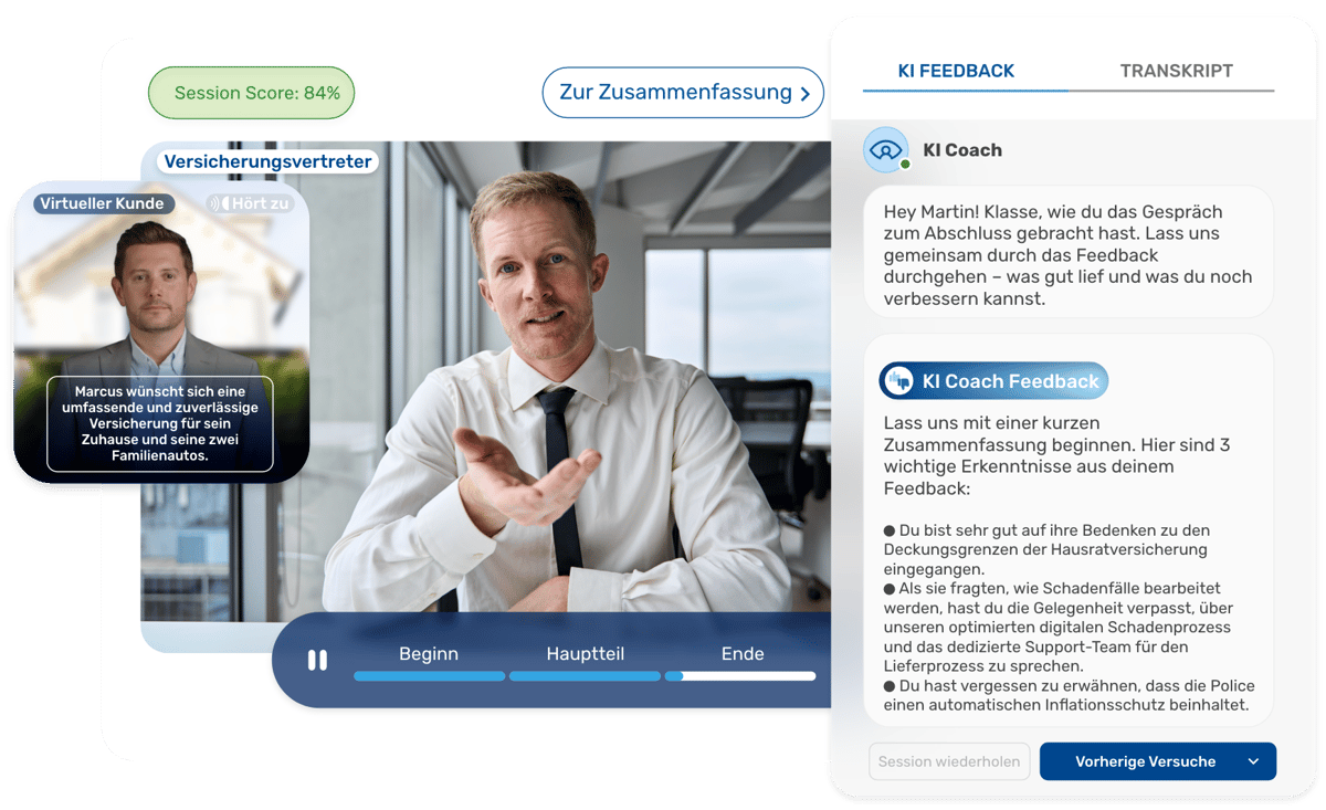 KI-Coaching-Plattform: Versicherungsvertreter im Training mit KI-Feedback.