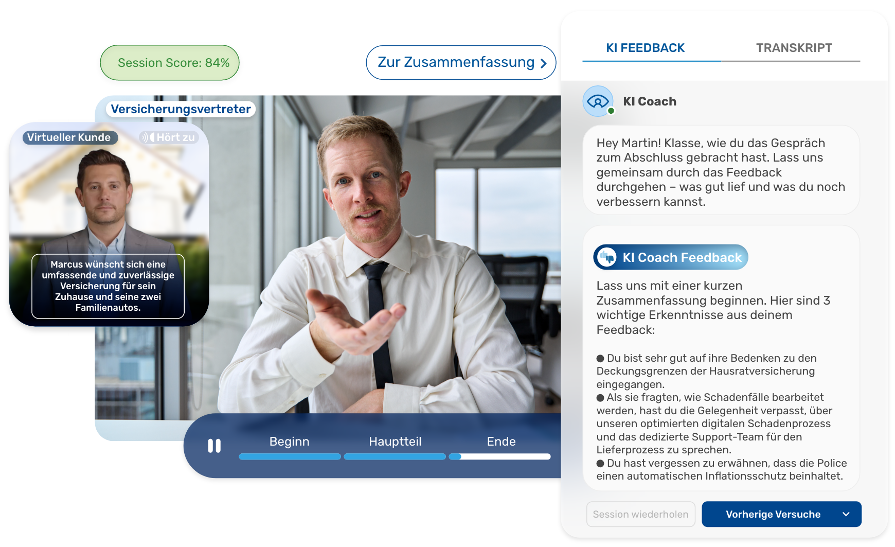 KI-Coaching-Plattform: Versicherungsvertreter im Training mit KI-Feedback. KI-Coaching-Plattform: Versicherungsvertreter im Training mit KI-Feedback.