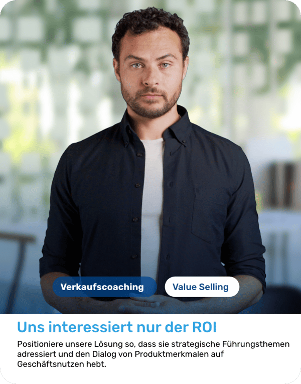 Eine weitere Trainingsszenario-Karte mit dem Titel Uns interessiert nur der ROI, mit den Themen Verkaufscoaching und Value Selling