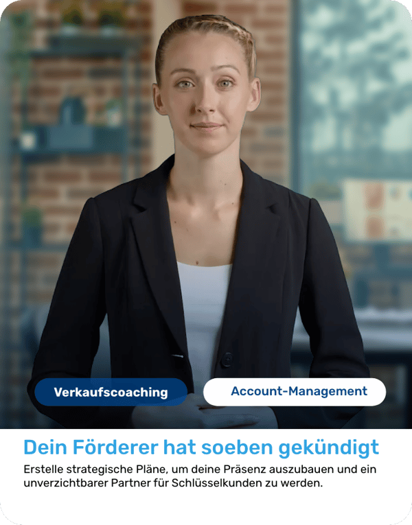 Eine Trainingsszenario-Karte mit dem Titel Dein Förderer hat soeben gekündigt, mit den Themen Verkaufscoaching und Account-Management