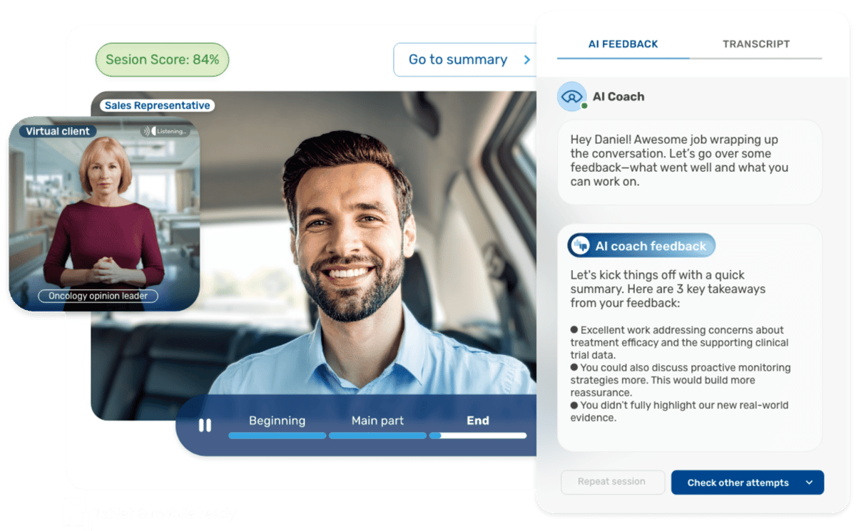 AI role-play session between a field rep and a virtual healthcare provider persona