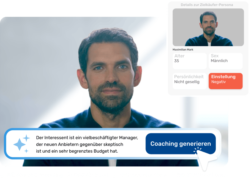 Der Persona-Generator mit dem virtuellen Interessenten Maximilian Mark, Einstellung negativ, beschrieben als vielbeschäftigter Manager, der neuen Anbietern skeptisch gegenübersteht