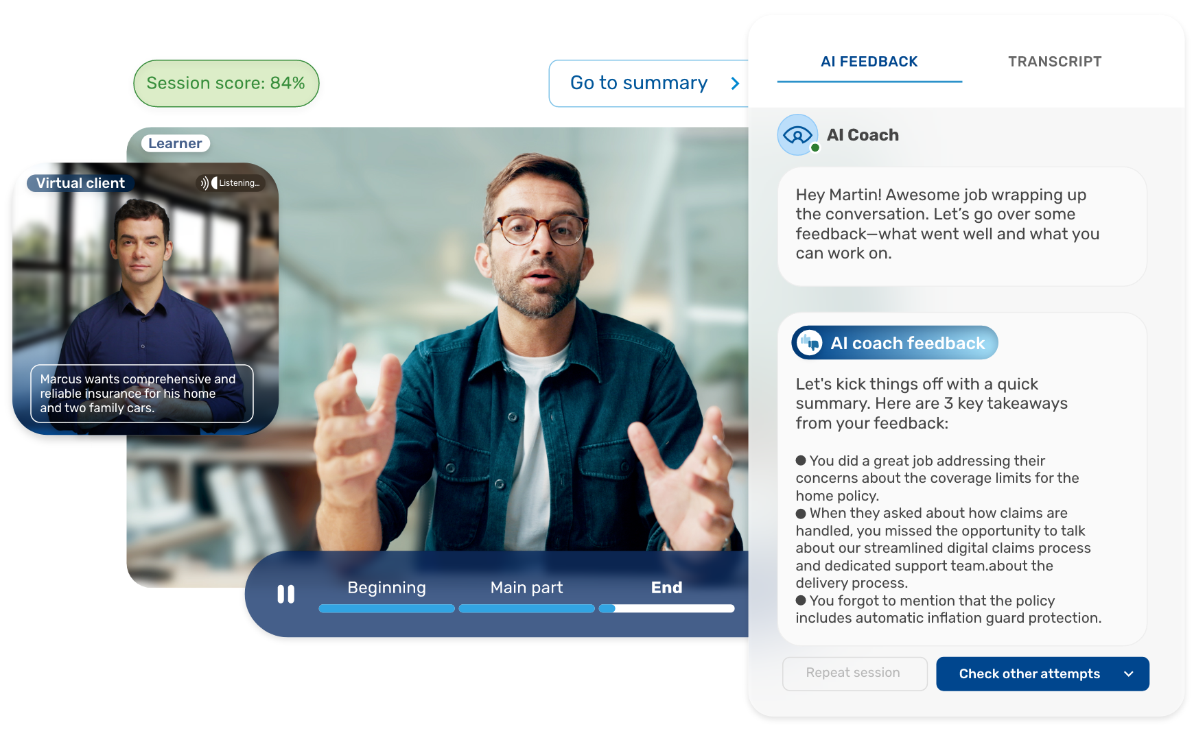 Retorio - AI coaching Platform - Insurance training scenario
