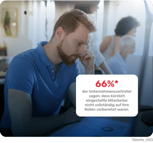 Mann am Schreibtisch, der 66 % der unvorbereiteten neuen Mitarbeiter darstellt.
