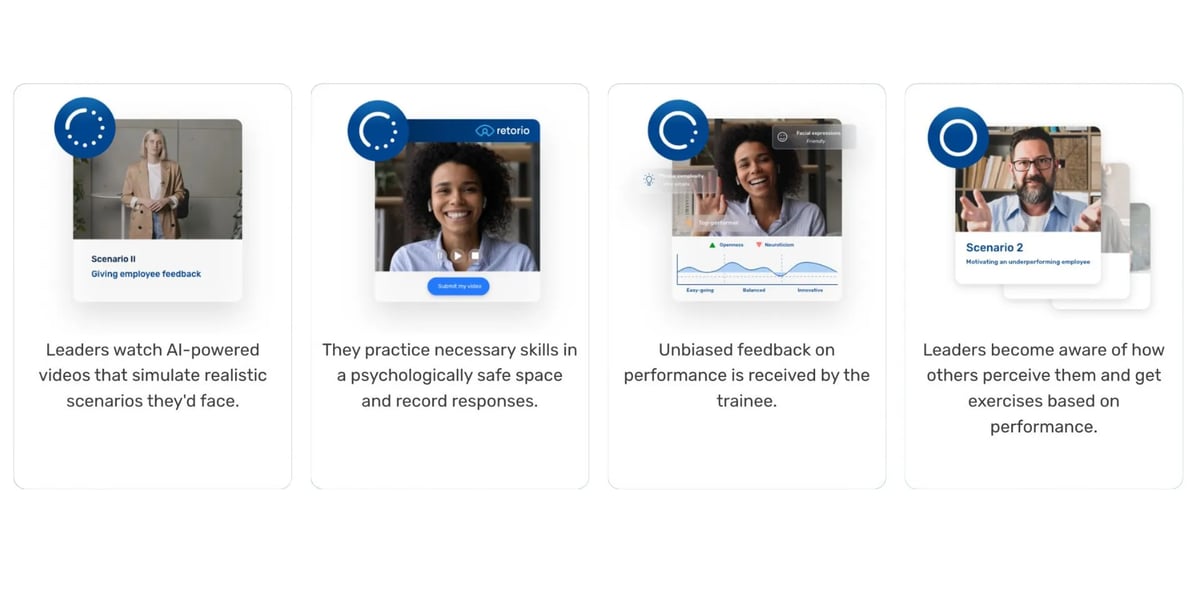 Retorio AI coaching platform dashboard showing leadership coaching session scores and behavioral metrics