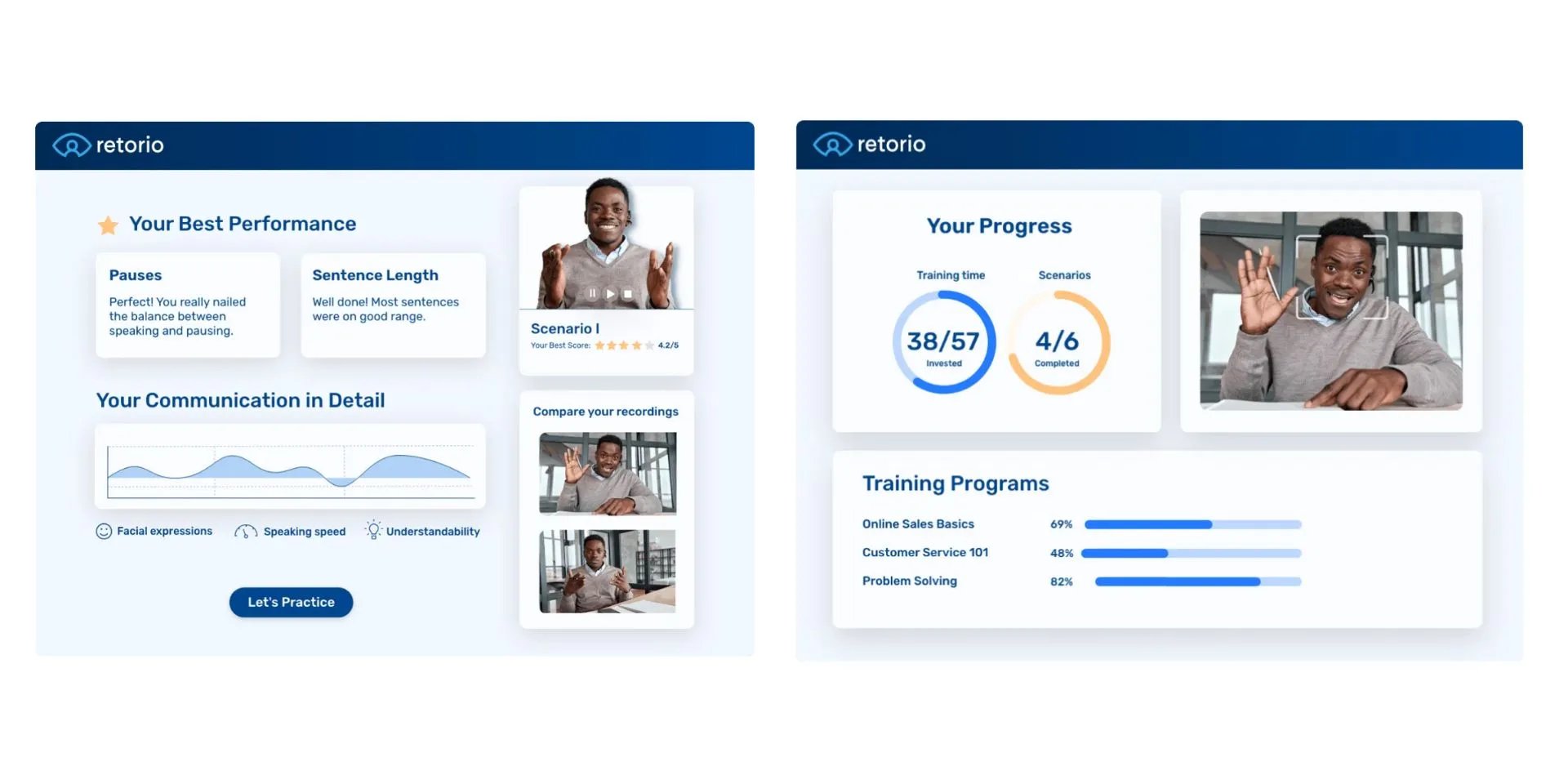Dashboard of Retorio's training platform showing training progress and training feedback