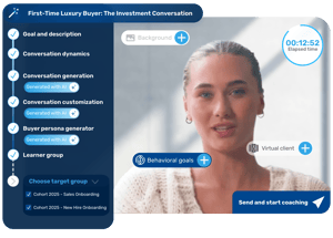 Retorio AI sales coaching platform scenario generator showing a virtual customer setup for a sales rep practice role play