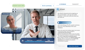 A rep in an AI role-play conversation with a virtual client while the Retorio AI coach scores observable communication behaviors