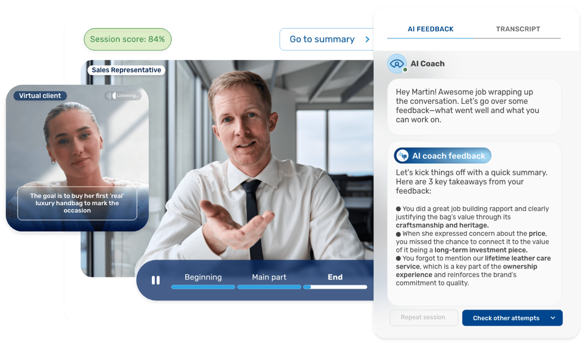 Field rep practicing a scenario with a virtual customer and receiving AI behavioral feedback