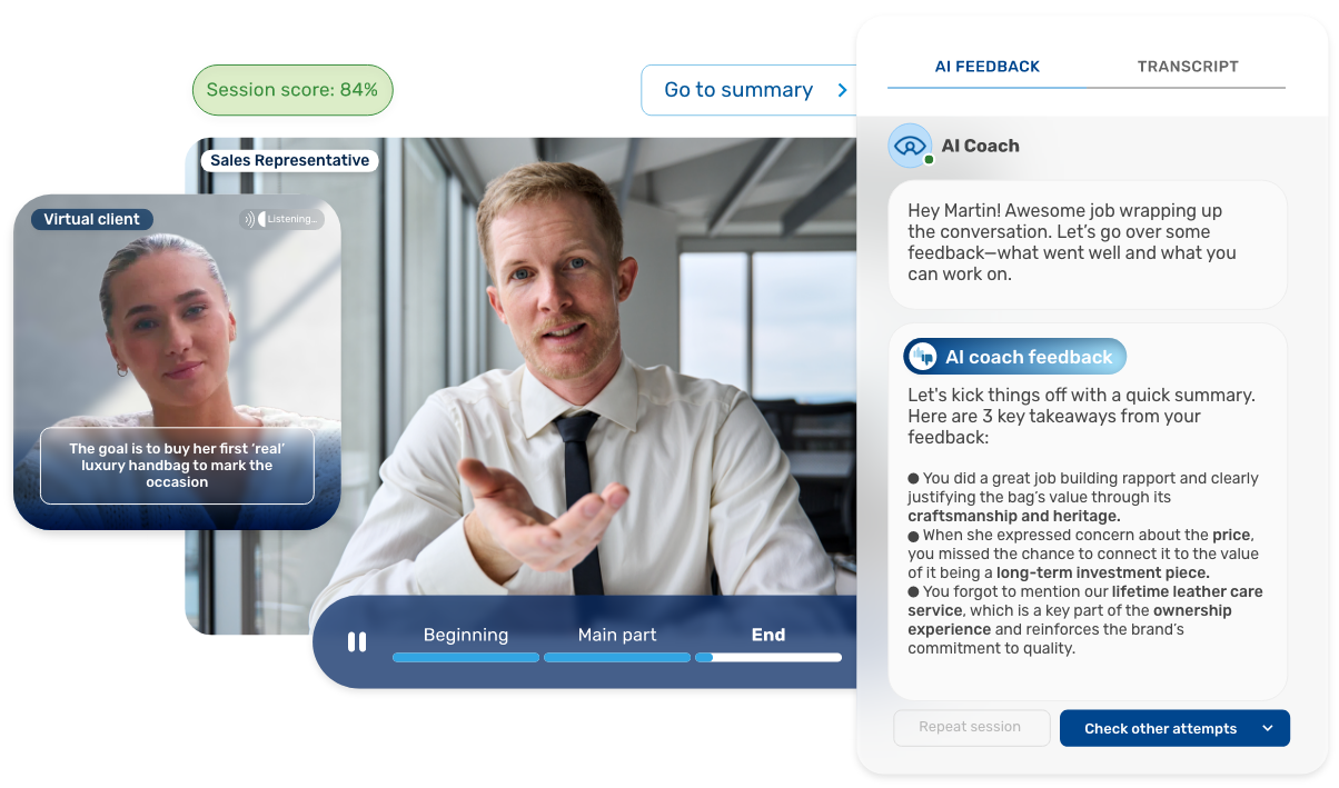 Retorio sales coaching platform showing in-session behavioral feedback rubric for a rep practicing a customer conversation