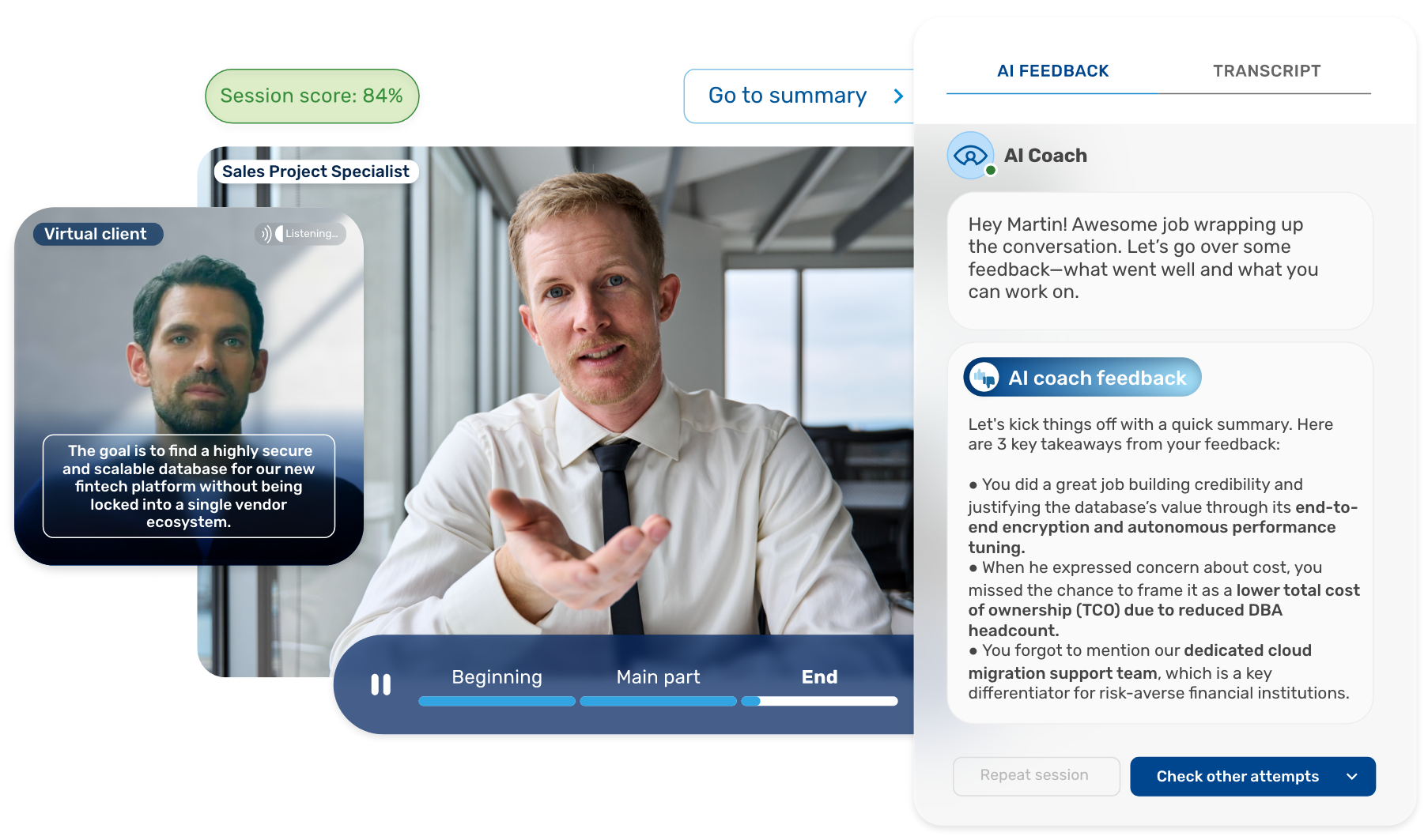 AI platform with a sales project specialist training with AI feedback on a fintech client scenario. AI platform with a sales project specialist training with AI feedback on a fintech client scenario.