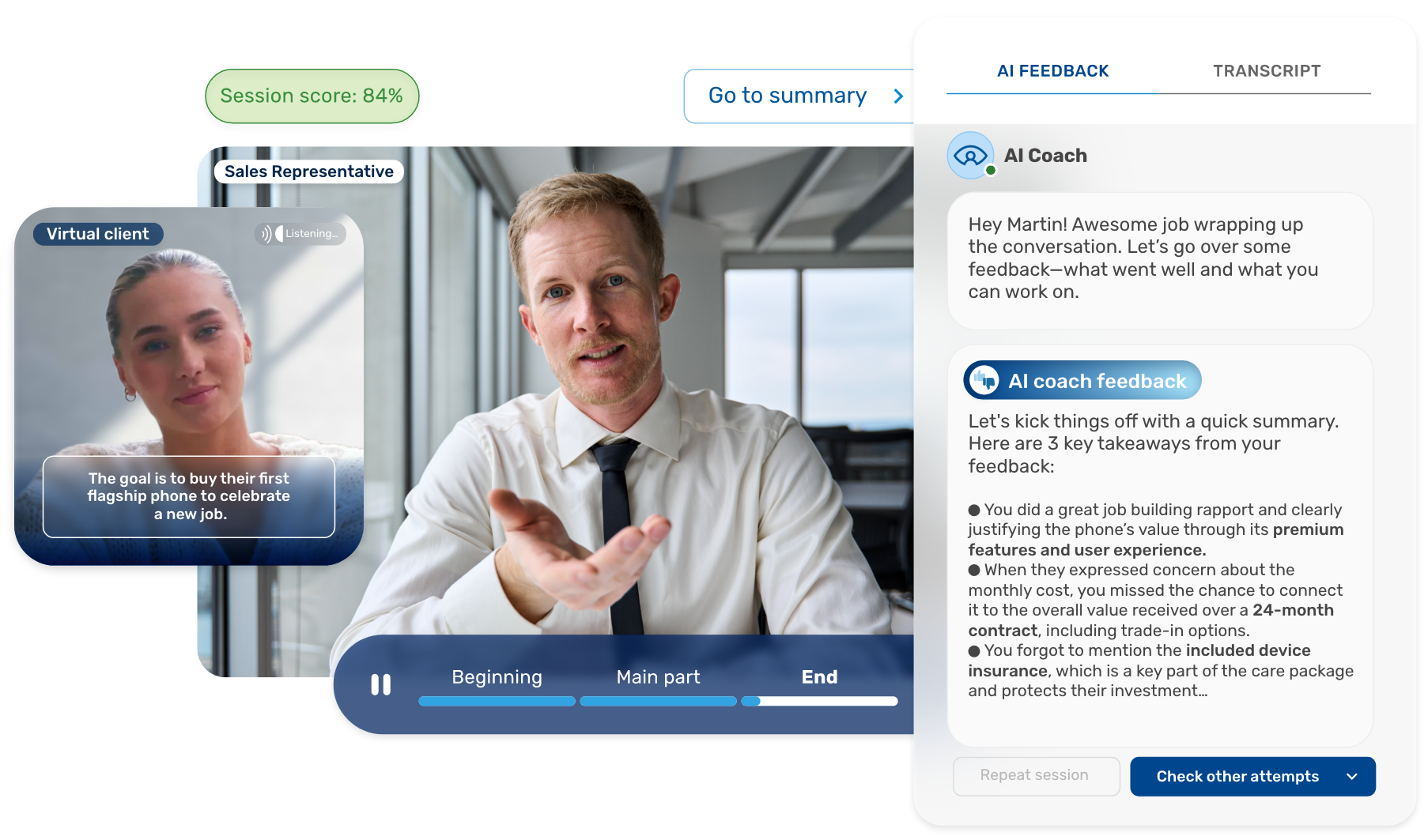 AI coaching platform with a salesperson training on a flagship phone with AI feedback. AI coaching platform with a salesperson training on a flagship phone with AI feedback.