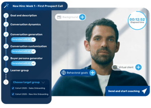 Retorio AI sales simulation platform showing the scenario session generator with a virtual customer and behavioral scoring rubric