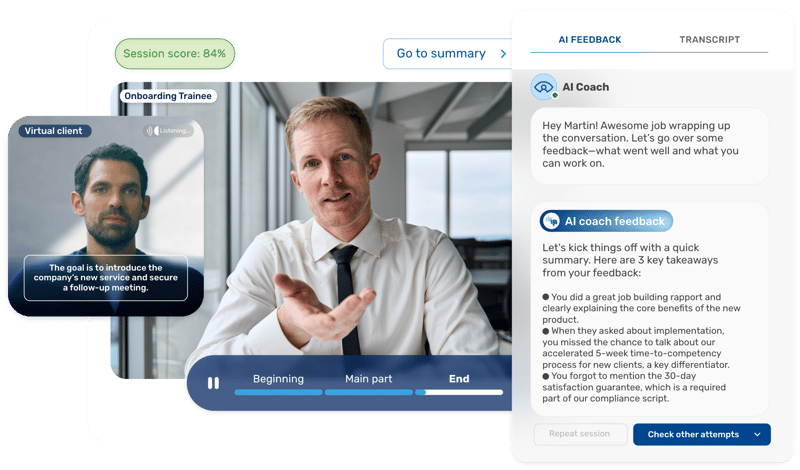 Retorio AI coaching platform showing a rep practicing a discovery call with an AI-simulated buyer