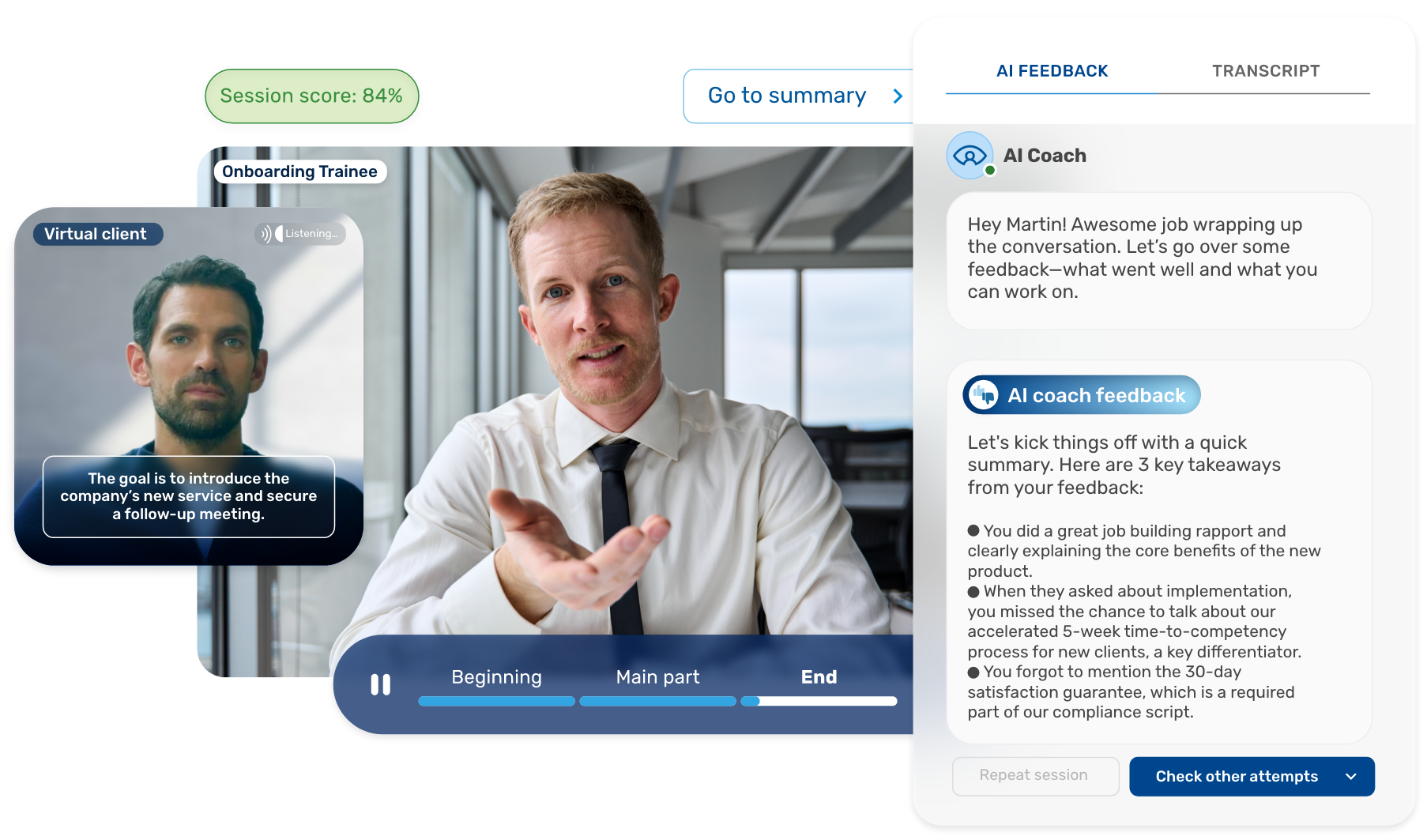 AI coaching platform showing a trainee's sales conversation with a virtual client and AI feedback AI coaching platform showing a trainee's sales conversation with a virtual client and AI feedback