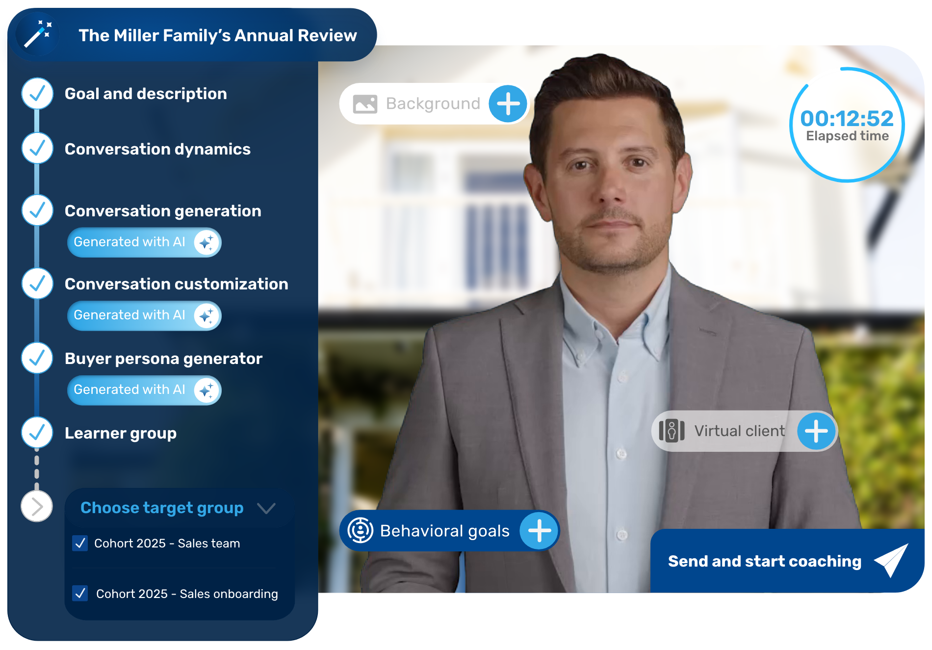 AI coaching platform interface showing a virtual client profile and various AI-generated training modules for sales teams. AI coaching platform interface showing a virtual client profile and various AI-generated training modules for sales teams.