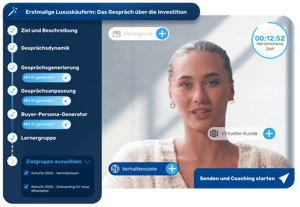 Retorio KI-Coaching-Plattform mit einem KI-Rollenspiel-Szenario-Generator für ein Kundengespräch, verwendet zur Bewertung von KI-Vertriebssimulationen