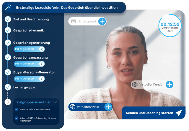 Mitarbeiter übt ein Verkaufsgespräch mit einem virtuellen Kunden auf Retorios KI-Coaching-Plattform