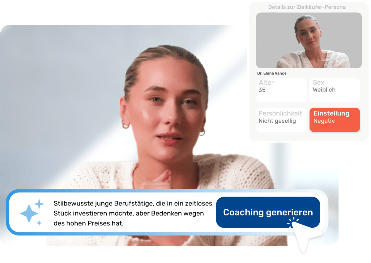 Retorio KI-Vertriebscoaching-Plattform mit einem Gespräch mit einem virtuellen Kunden in einer KI-Vertriebssimulation