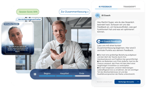 Ein Vertriebsteam prüft KI-Coaching-Bewertungen aus einem geübten Verkaufsgespräch auf der Retorio-Plattform