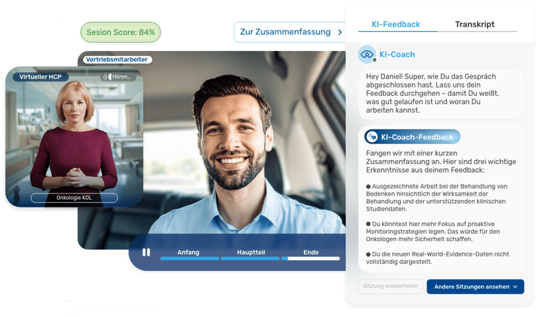 Retorio KI-Coaching-Plattform: Bessere HCP-Gespräche durch KI-Coaching, virtuelles Detailgespräch mit unmittelbarem Verhaltensfeedback