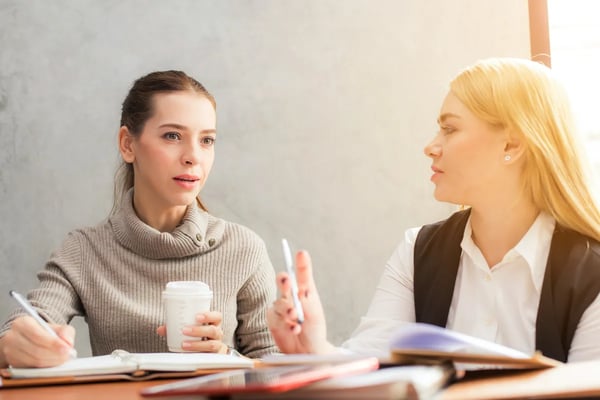 Two business women are discussing and taking notes  to the notebooks