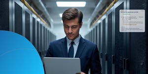 IT security officer reviewing a tablet in a server room, next to a Retorio scenario draft flagged for review