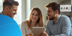 Insurance advisor talking a couple through a policy on a tablet, next to Retorio persona selection