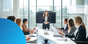 Sales director addressing her team at a boardroom table, next to a Retorio warmth and competence chart