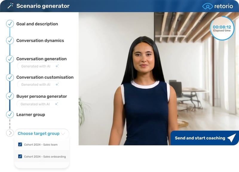Retorio AI coaching platform session generator showing behavioral feedback for a leadership coaching session