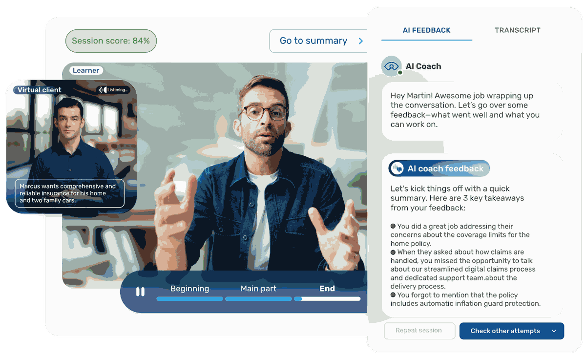 Retorio - AI coaching Platform - Insurance training scenario