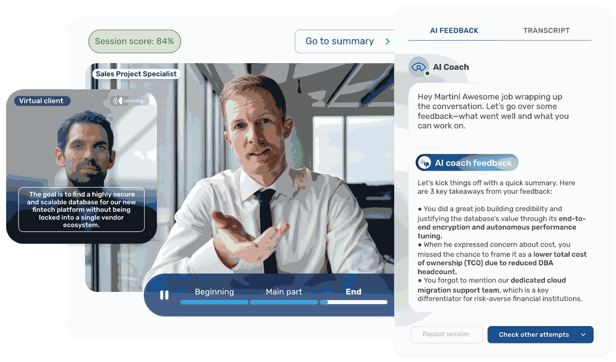 AI platform with a sales project specialist training with AI feedback on a fintech client scenario.