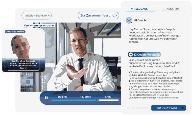 KI-Coaching-Plattform mit einem Verkaufsszenario und sofortigem KI-Feedback.
