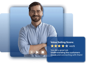 Salesman on video sales training with quick review response and AI feedback