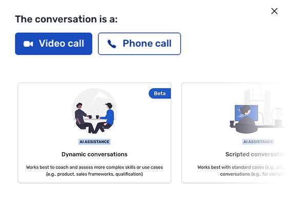 Retorio-Einstellung, mit der ein Übungsgespräch als Videoanruf oder als Telefonat laufen kann