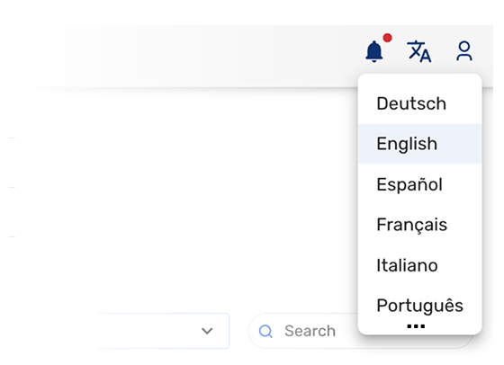 Sprachmenü der Retorio-Oberfläche mit Deutsch, English, Español, Français, Italiano und Português