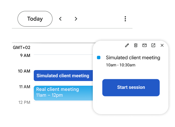 A calendar with a practice conversation with a virtual client scheduled right before a real client meeting