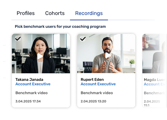 Retorio-Coaching-Programm, Bildschirm zur Auswahl von Maßstabs-Nutzern, mit aufgezeichneten Maßstabsvideos von zwei Vertriebsmitarbeitern