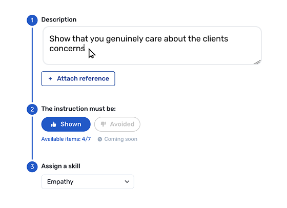 Defining a behavior for a coaching scenario in Retorio: a description, whether it should be shown or avoided, and the skill it belongs to