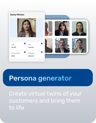 The persona generator, with a virtual customer's age, personality and attitude set, next to a grid of other virtual customer faces