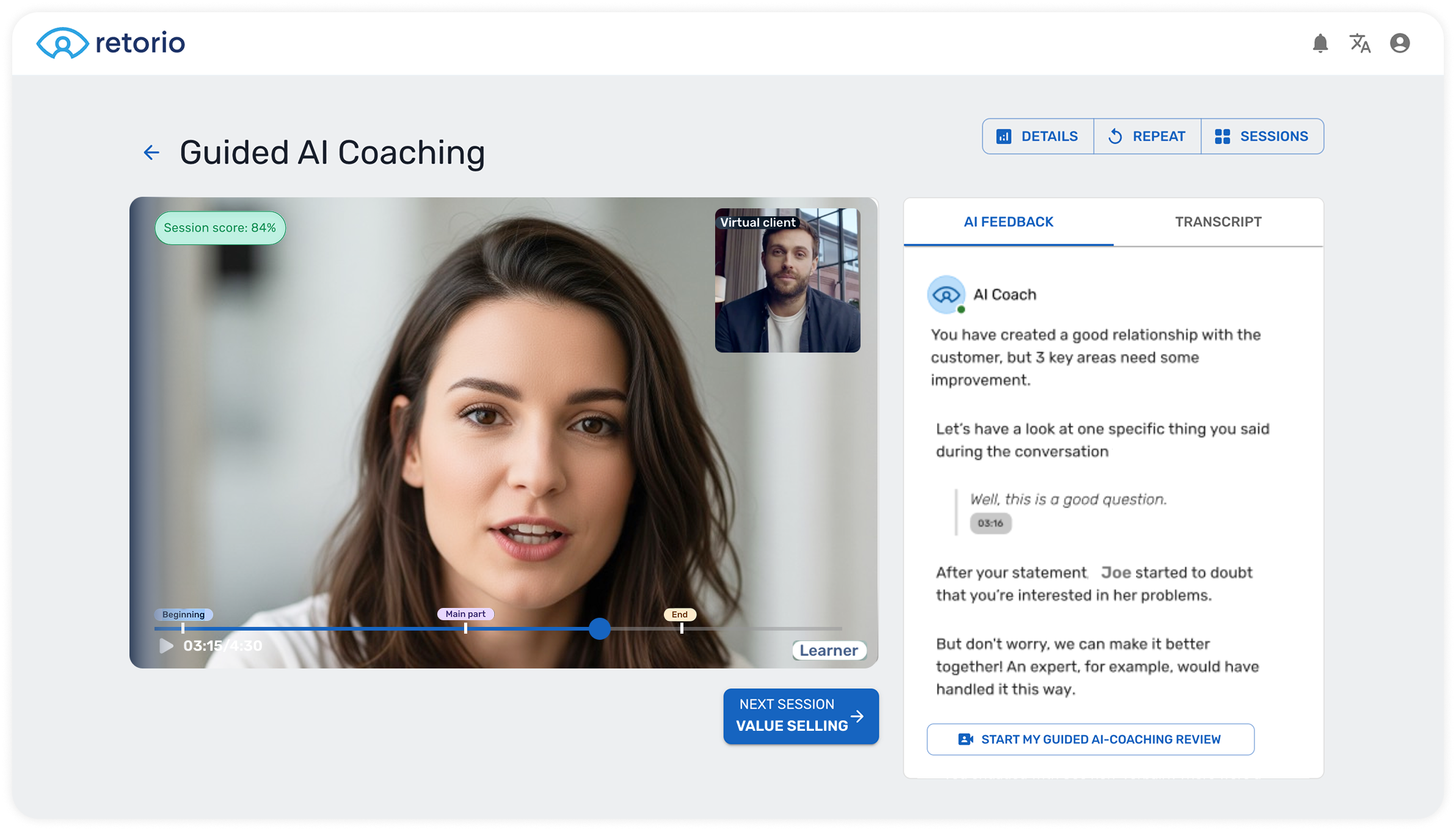 A guided AI coaching session in the Retorio platform, with a virtual buyer on video and written feedback for the rep next to it