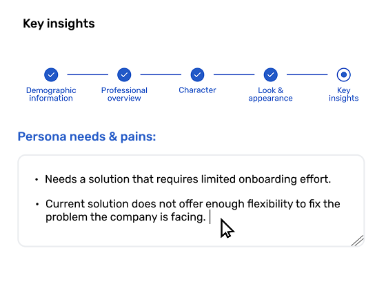 Persona needs and pains in the Retorio persona generator: the buyer needs a solution with limited onboarding effort and more flexibility than the current one