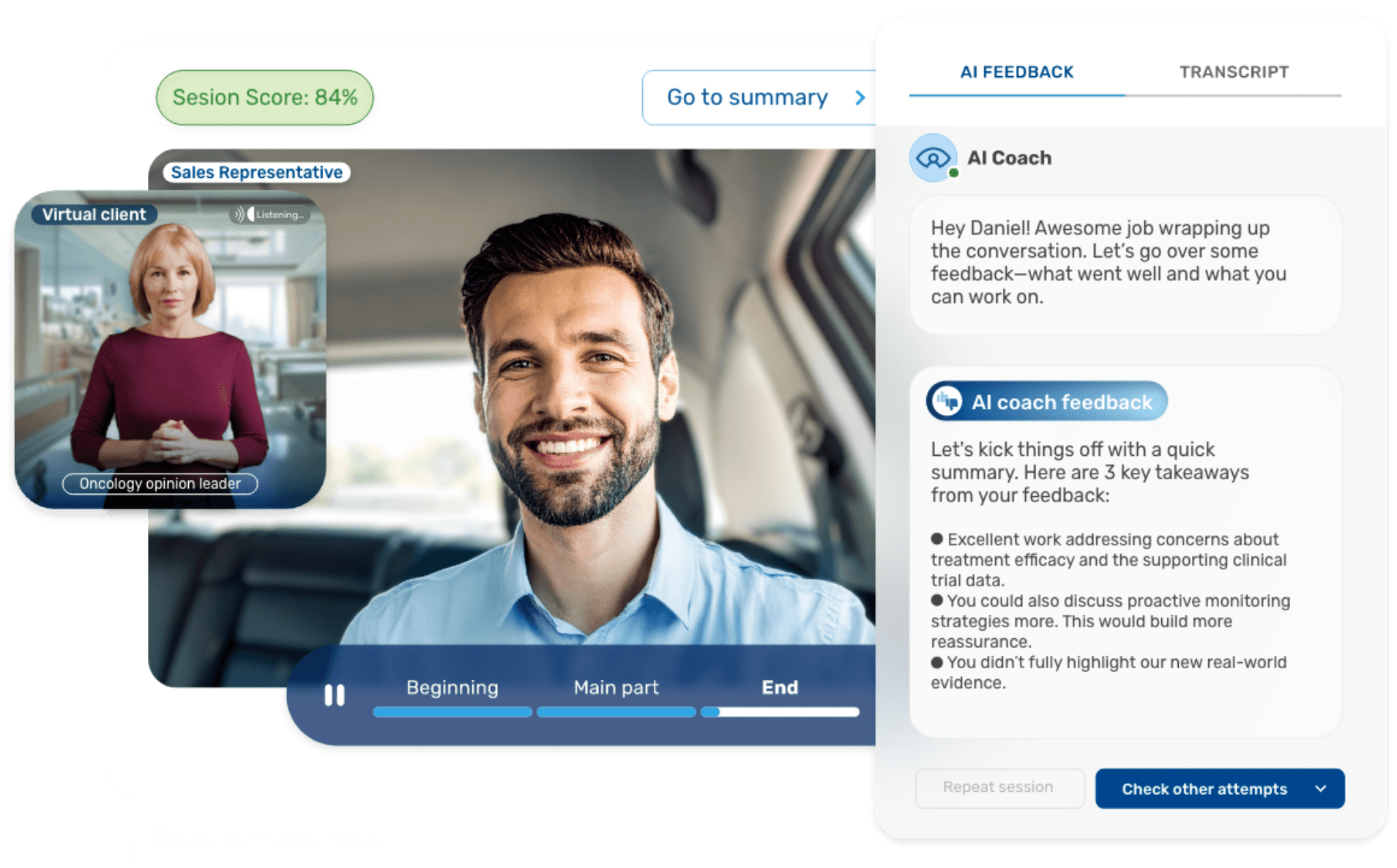 AI coaching session with an oncology doctor persona and a pharma sales rep