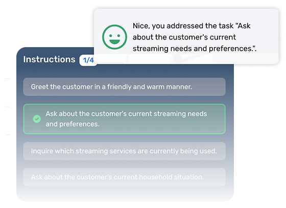 Retorio realtime feedback during a practice conversation, with instructions to greet the customer warmly and ask about their current needs