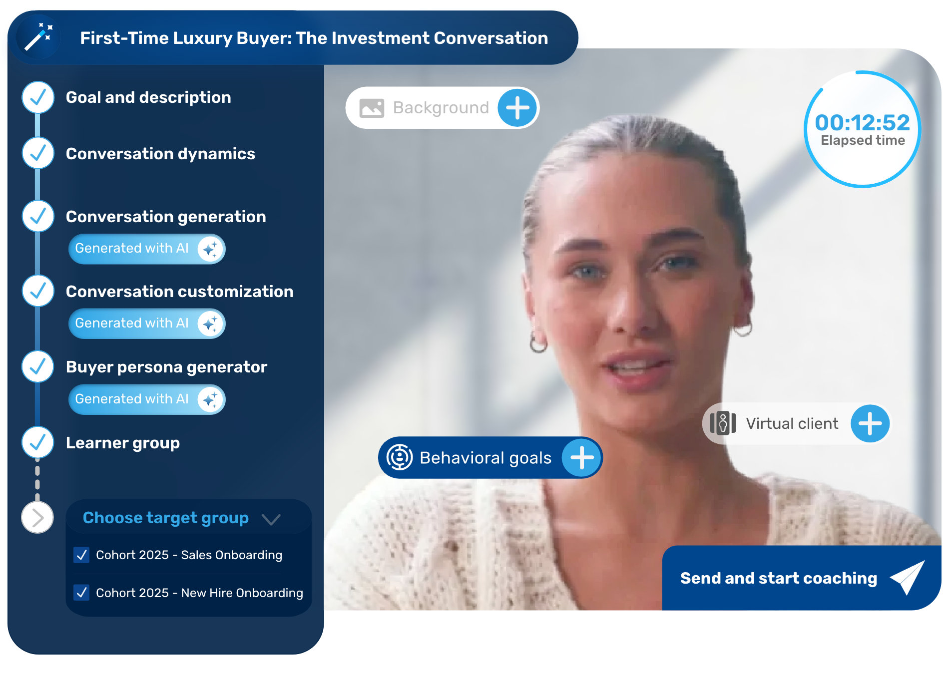 A sales team practices buyer conversations and reviews AI coaching feedback during a training program