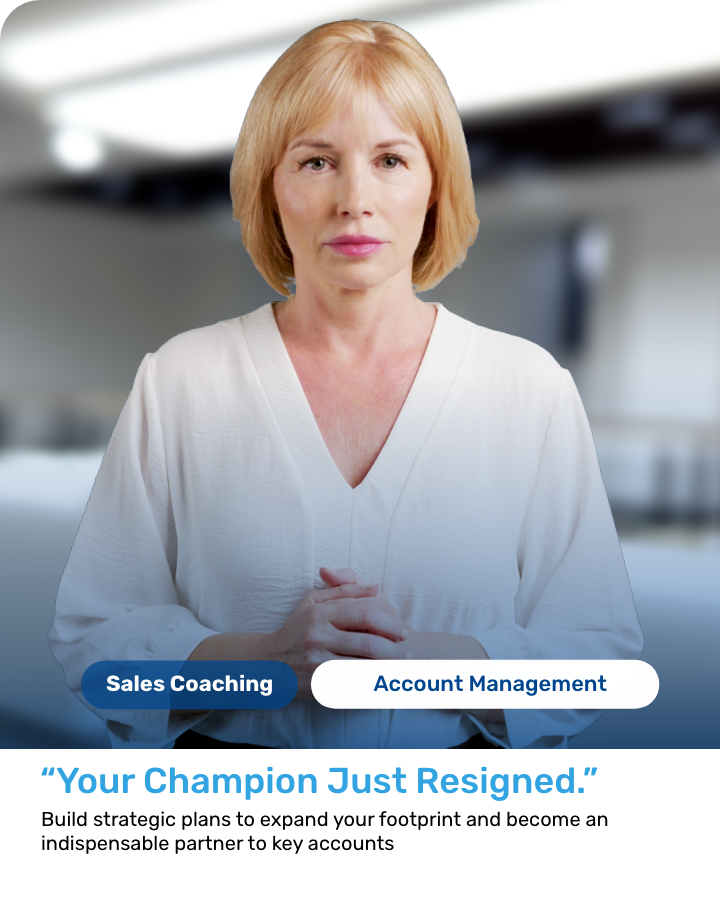 A virtual buyer persona card for an account management scenario called Your Champion Just Resigned