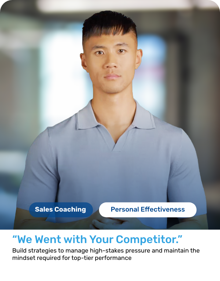A virtual buyer persona card for a sales coaching scenario called We Went with Your Competitor, about managing a high-pressure moment