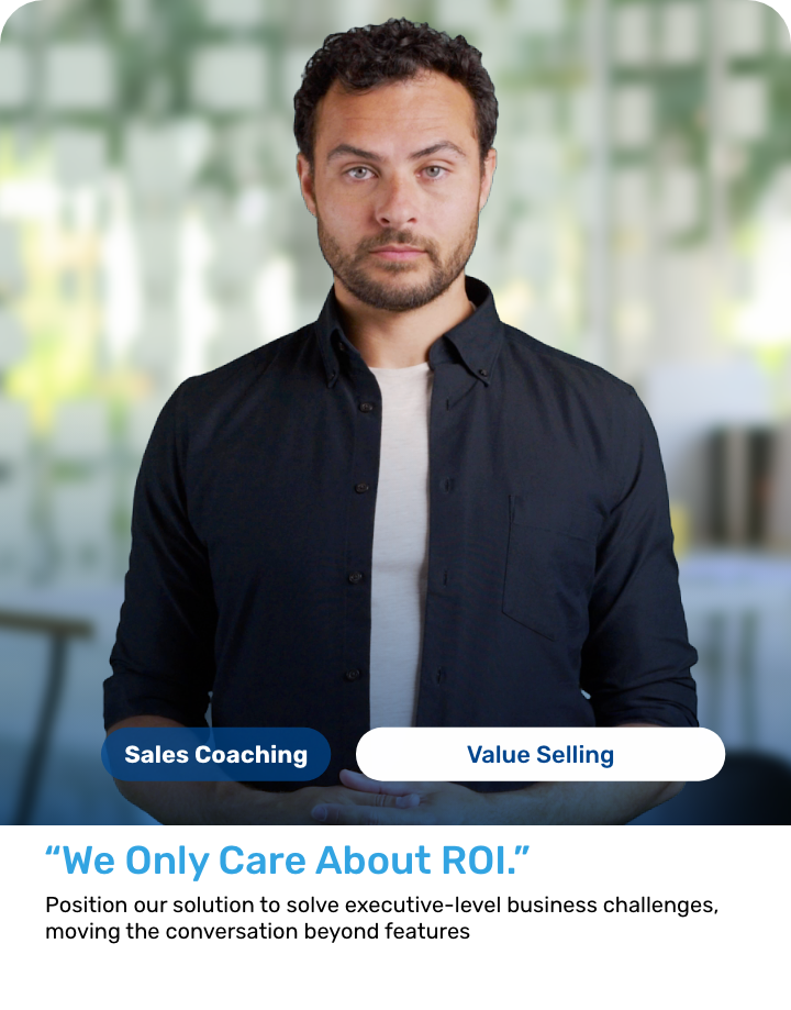 Retorio coaching scenario card titled We Only Care About ROI for value selling, with a virtual executive buyer