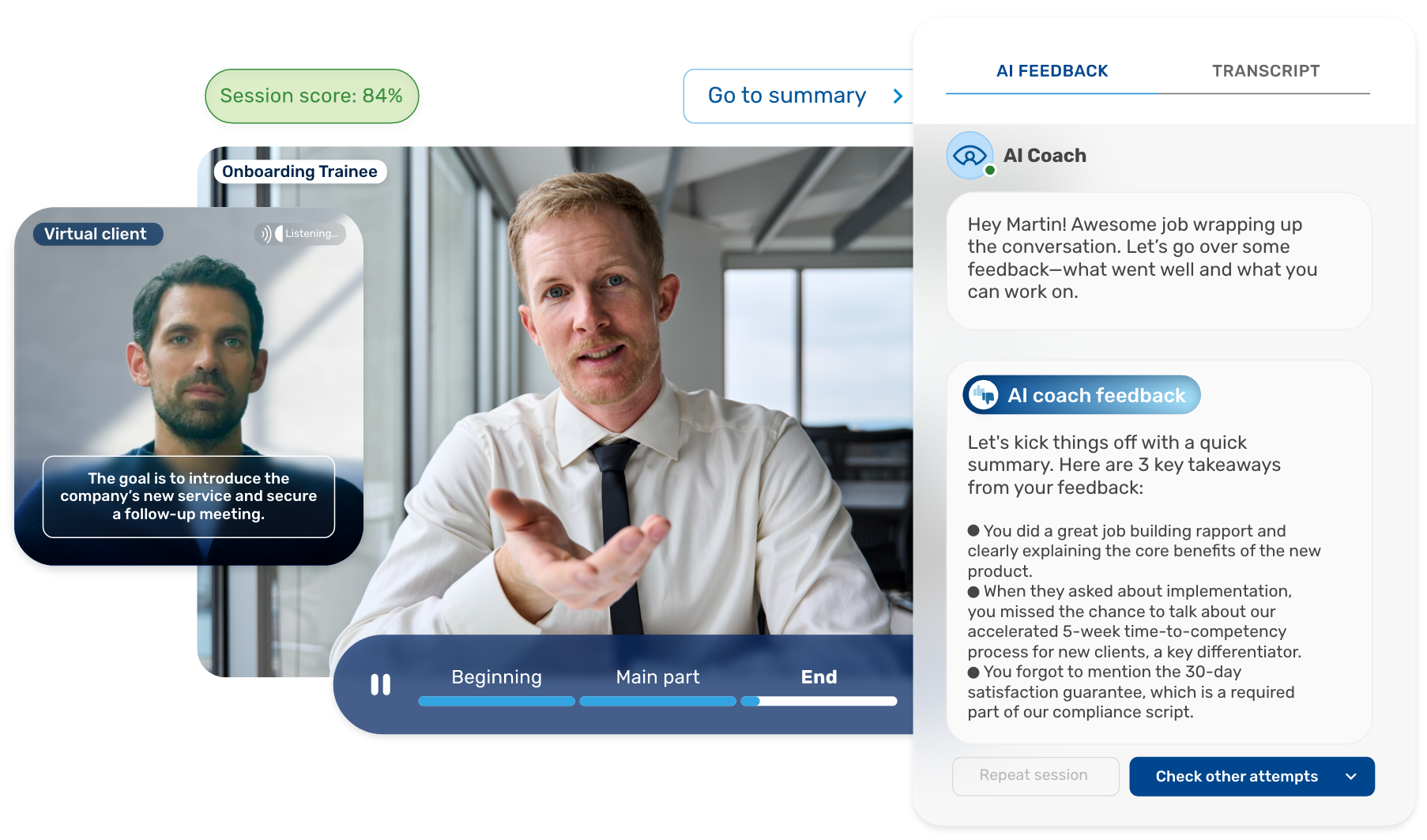 Retorio AI sales coaching platform in-session view with virtual customer and live behavioral scoring rubric