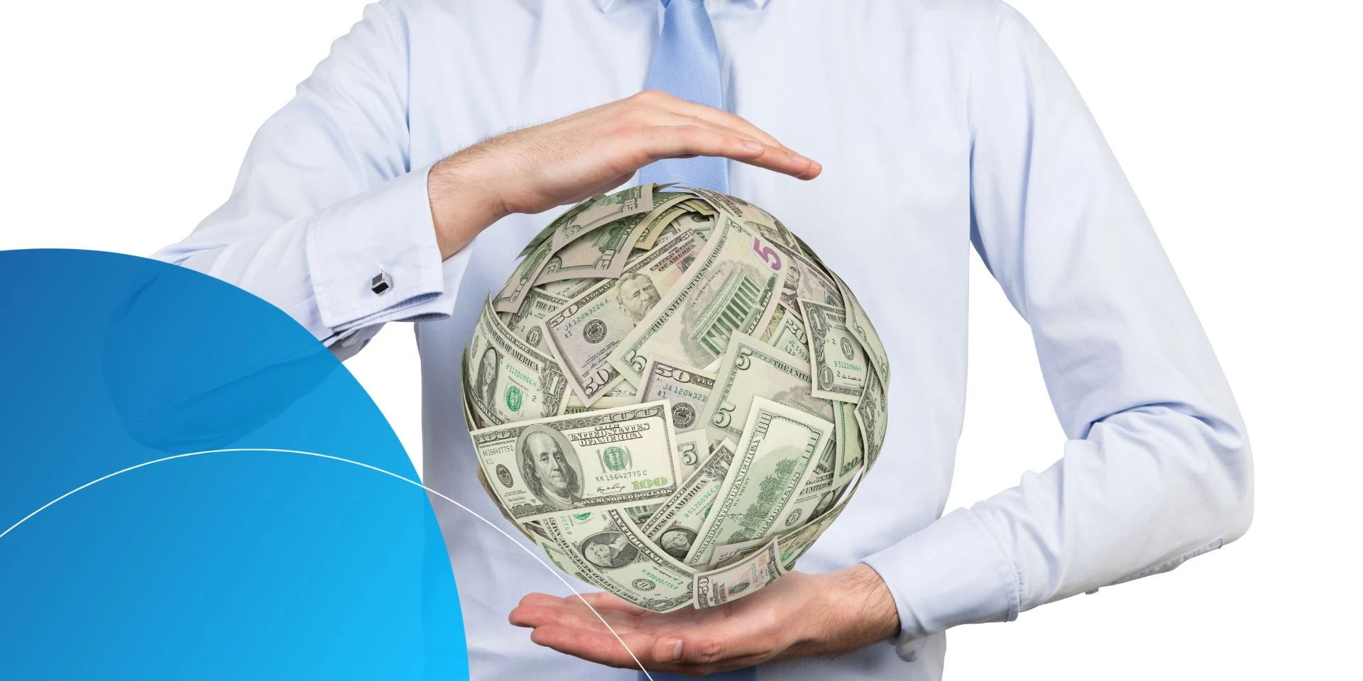 man holding a ball of money bills